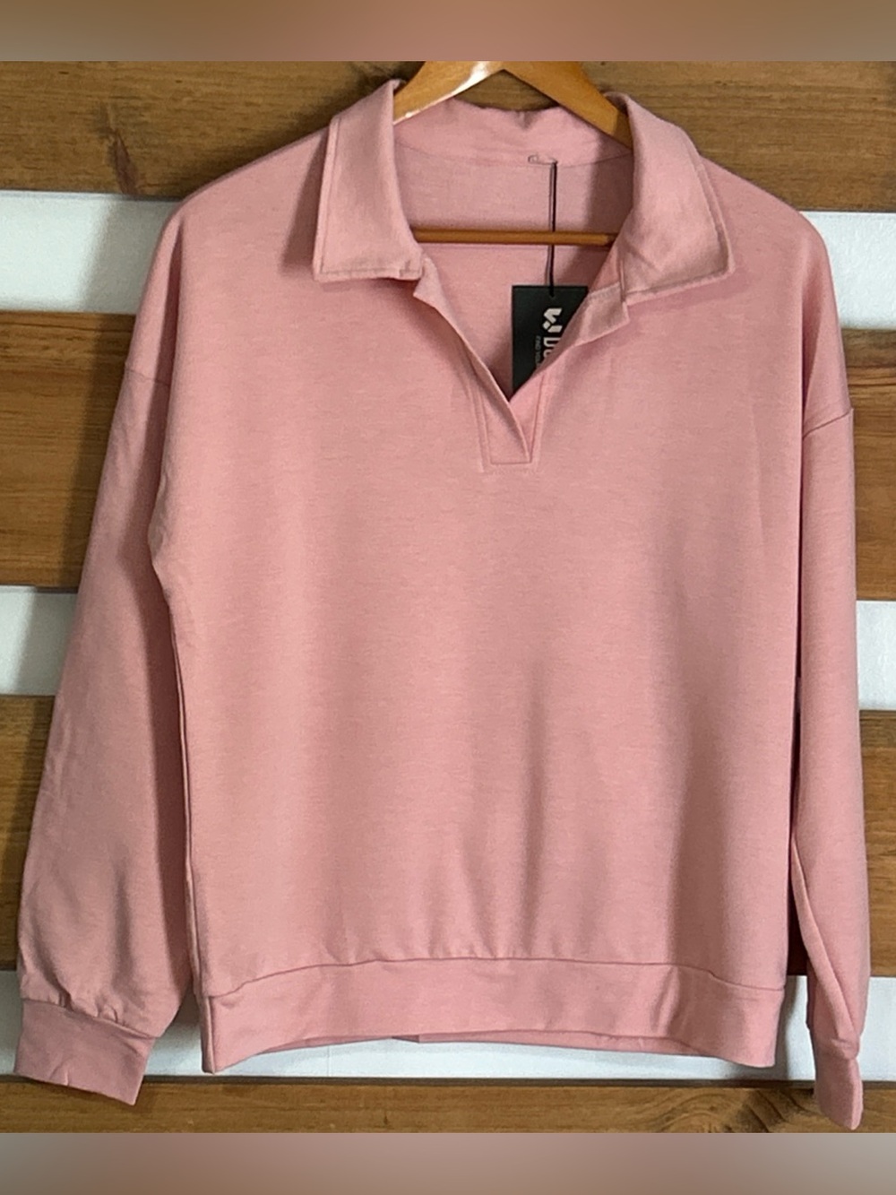 NWT Doublju Pink Collared V-Neck Long Sleeve Pull On Sporty Blouse Size Small